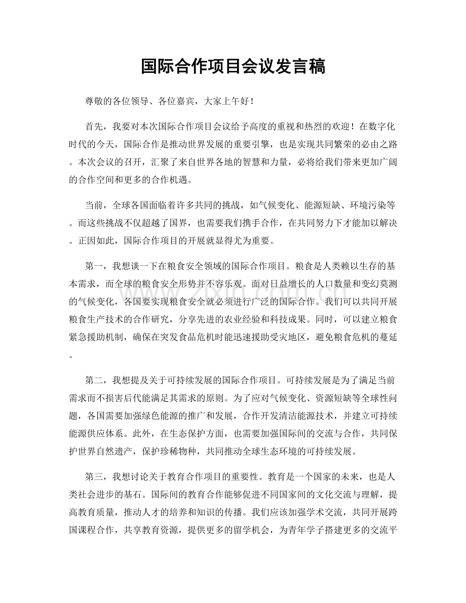 国际合作项目会议发言稿.docx_第1页