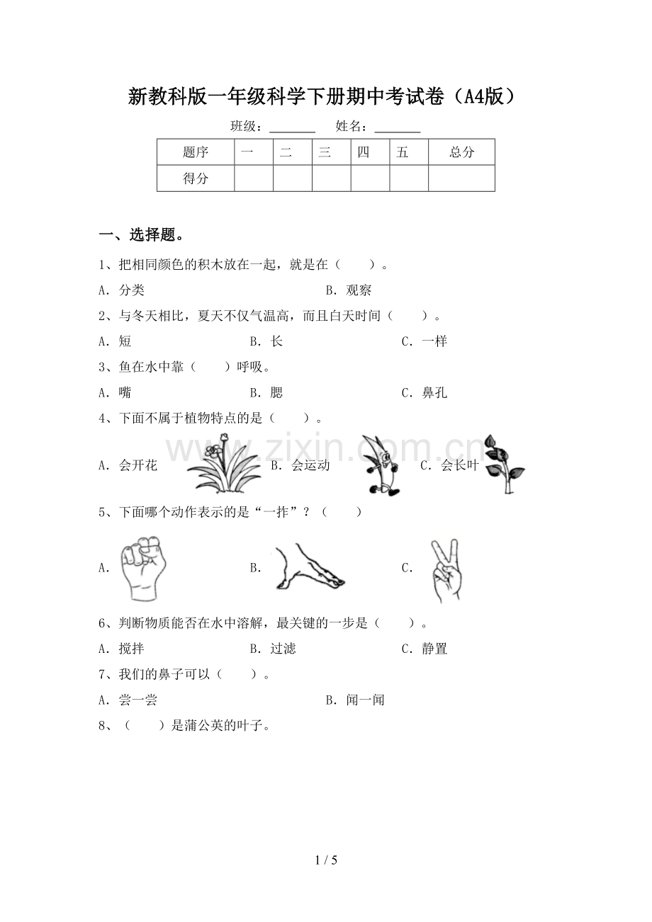 新教科版一年级科学下册期中考试卷(A4版).doc_第1页