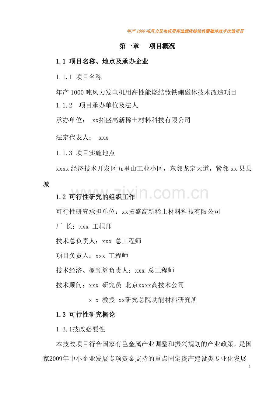 年产1000吨风力发电机用高性能烧结钕铁硼磁体技术改造新建项目建议书.doc_第1页