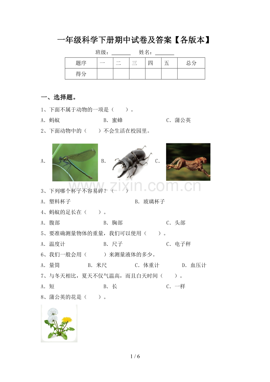 一年级科学下册期中试卷及答案【各版本】.doc_第1页