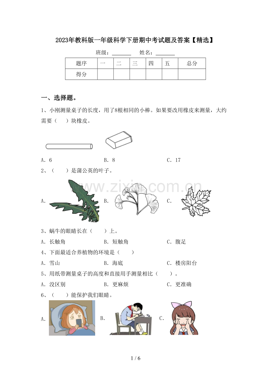 2023年教科版一年级科学下册期中考试题及答案【精选】.doc_第1页