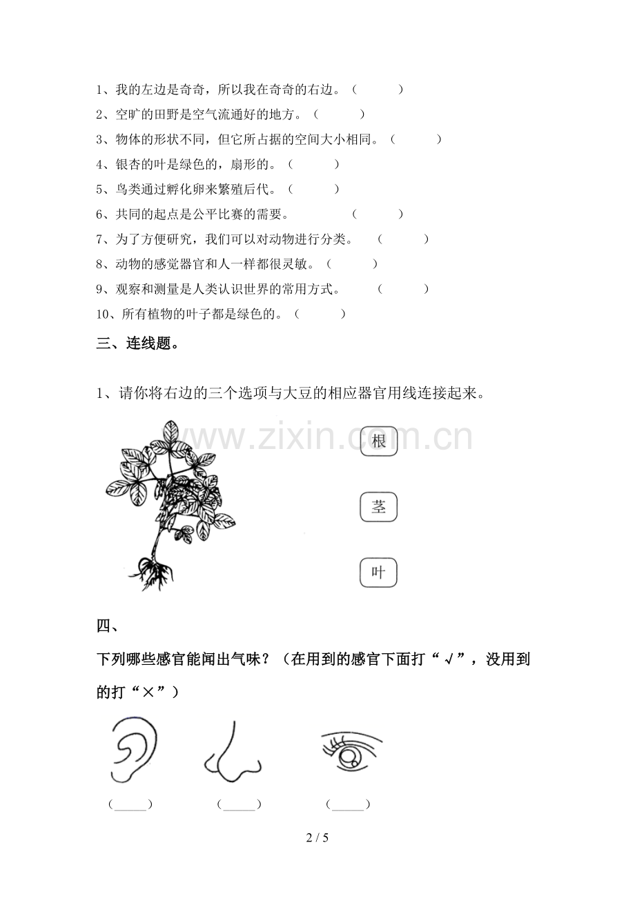 2022-2023年教科版一年级科学下册期中考试卷附答案.doc_第2页