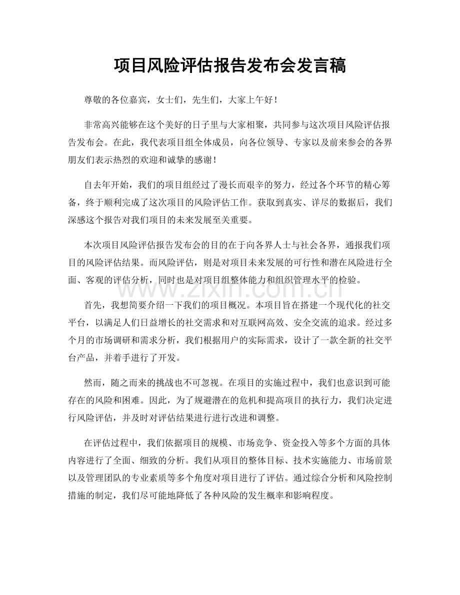 项目风险评估报告发布会发言稿.docx_第1页