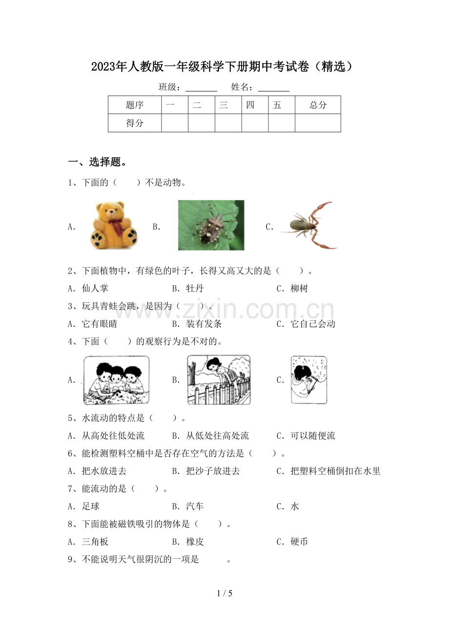 2023年人教版一年级科学下册期中考试卷.doc_第1页