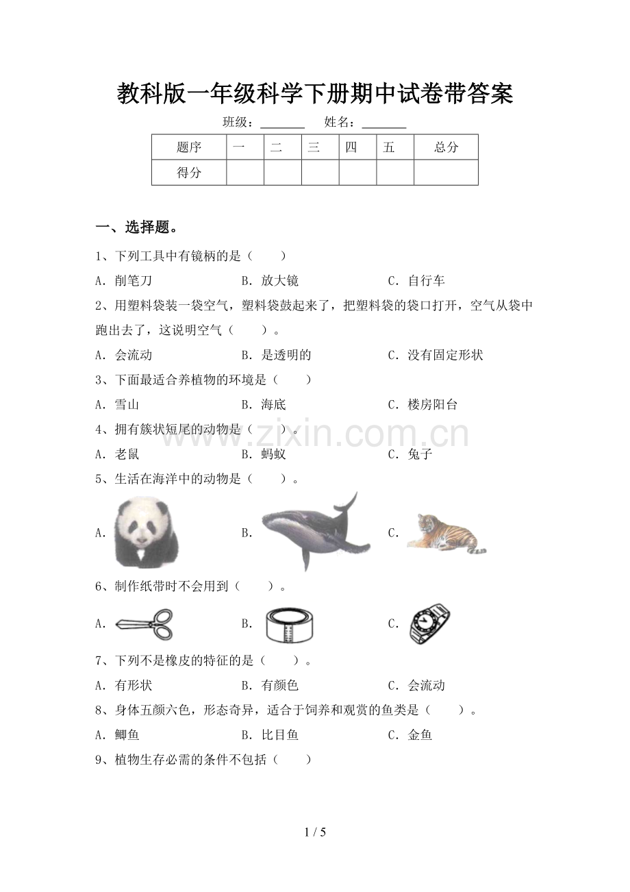 教科版一年级科学下册期中试卷带答案.doc_第1页