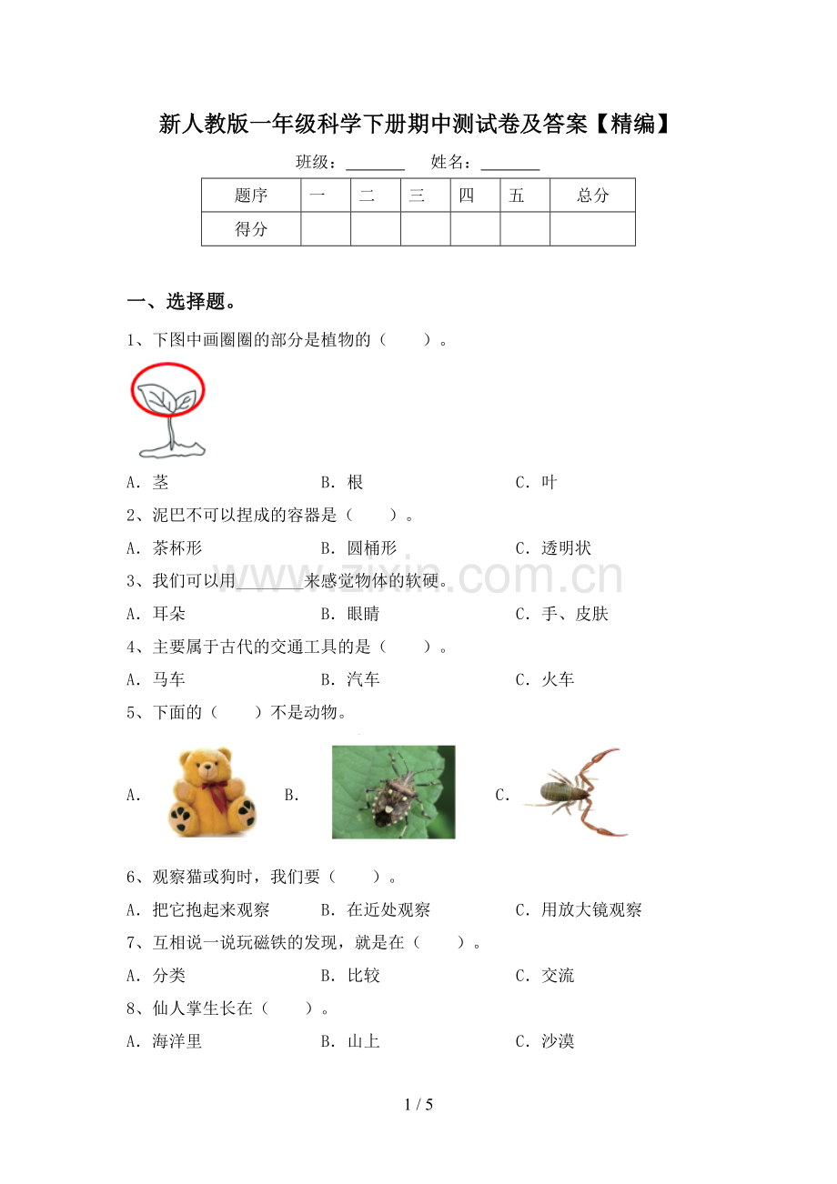 新人教版一年级科学下册期中测试卷及答案.doc_第1页