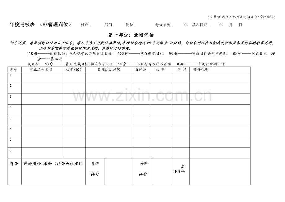 阿里巴巴年度考核表(非管理岗位).doc_第1页