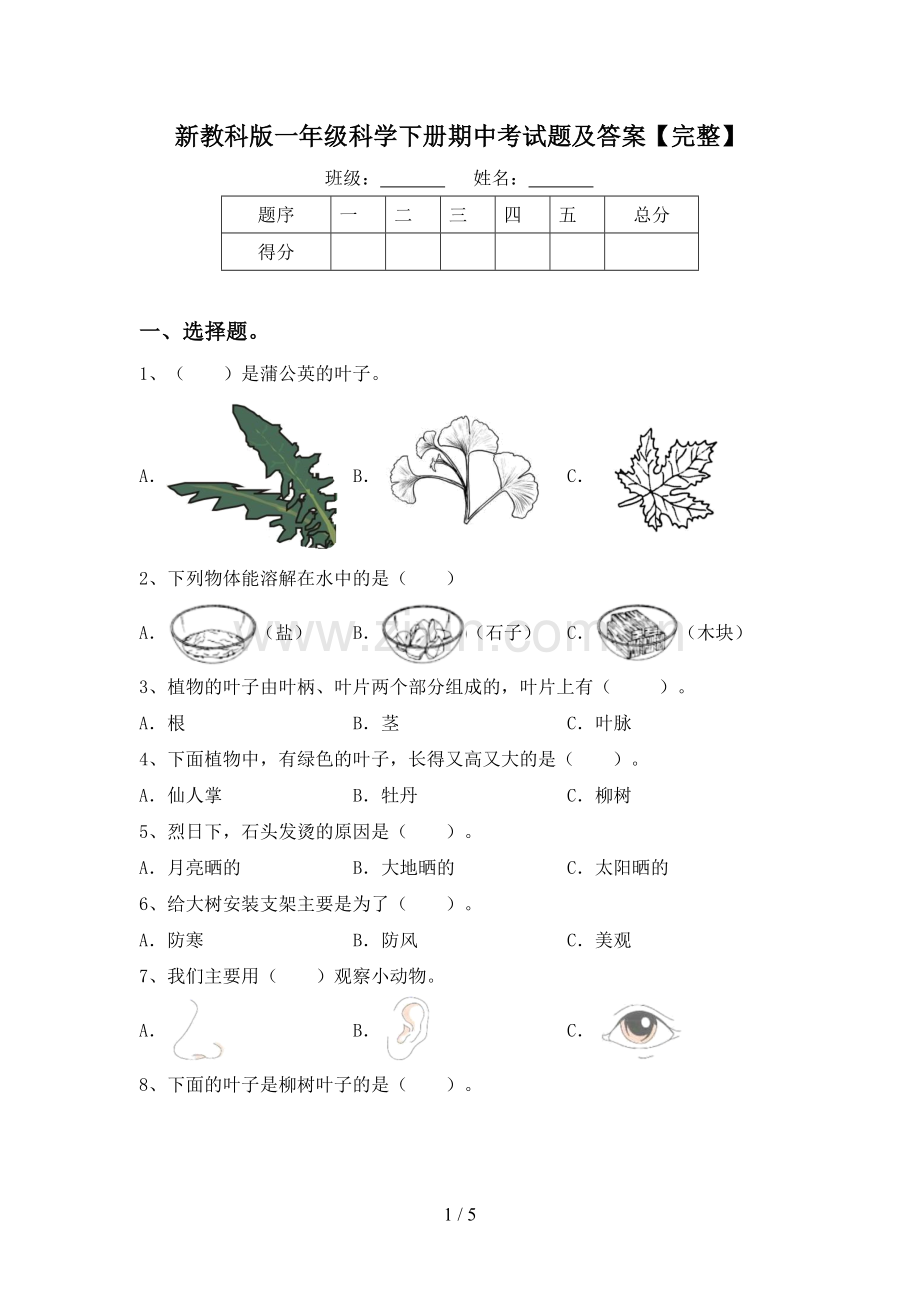 新教科版一年级科学下册期中考试题及答案.doc_第1页