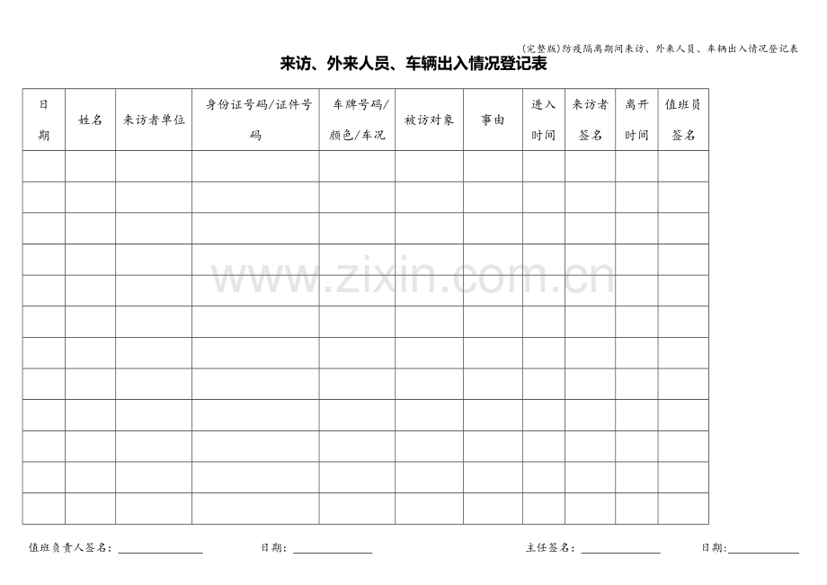 防疫隔离期间来访、外来人员、车辆出入情况登记表.doc_第1页