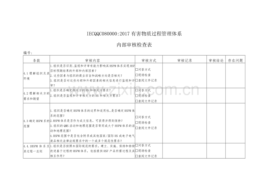 QC080000有害物质过程管理体系内部审核检查表.docx_第1页