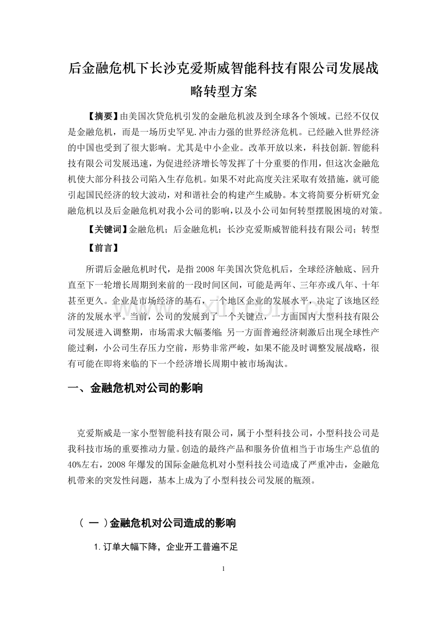 后金融危机下长沙克爱斯威智能科技有限公司发展战略转型方案论文.docx_第2页