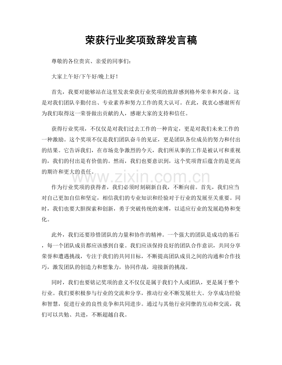 荣获行业奖项致辞发言稿.docx_第1页