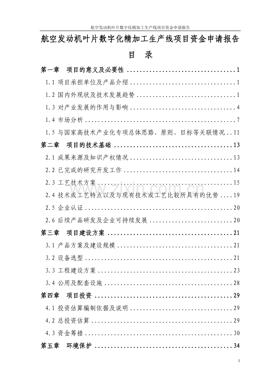 航空发动机叶片数字化精加工生产线项目资金可行性分析报告报发改委稿.doc_第1页