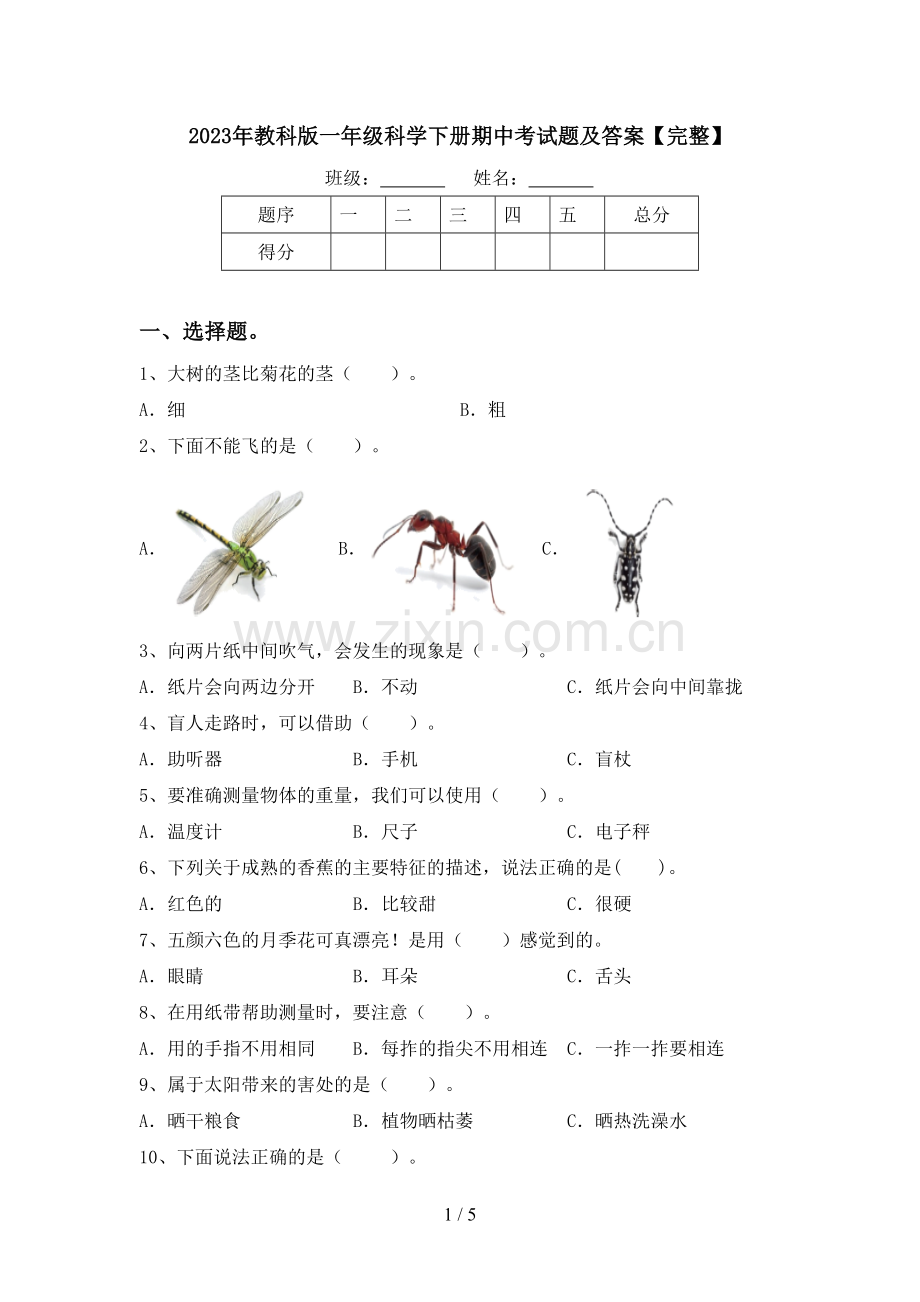 2023年教科版一年级科学下册期中考试题及答案.doc_第1页