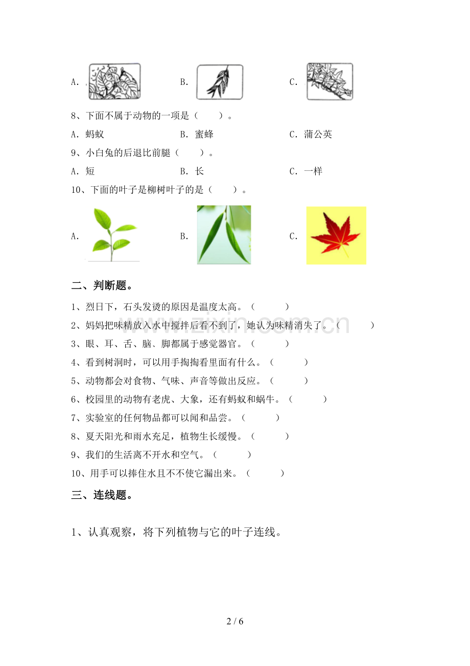 人教版一年级科学下册期中考试卷(汇编).doc_第2页