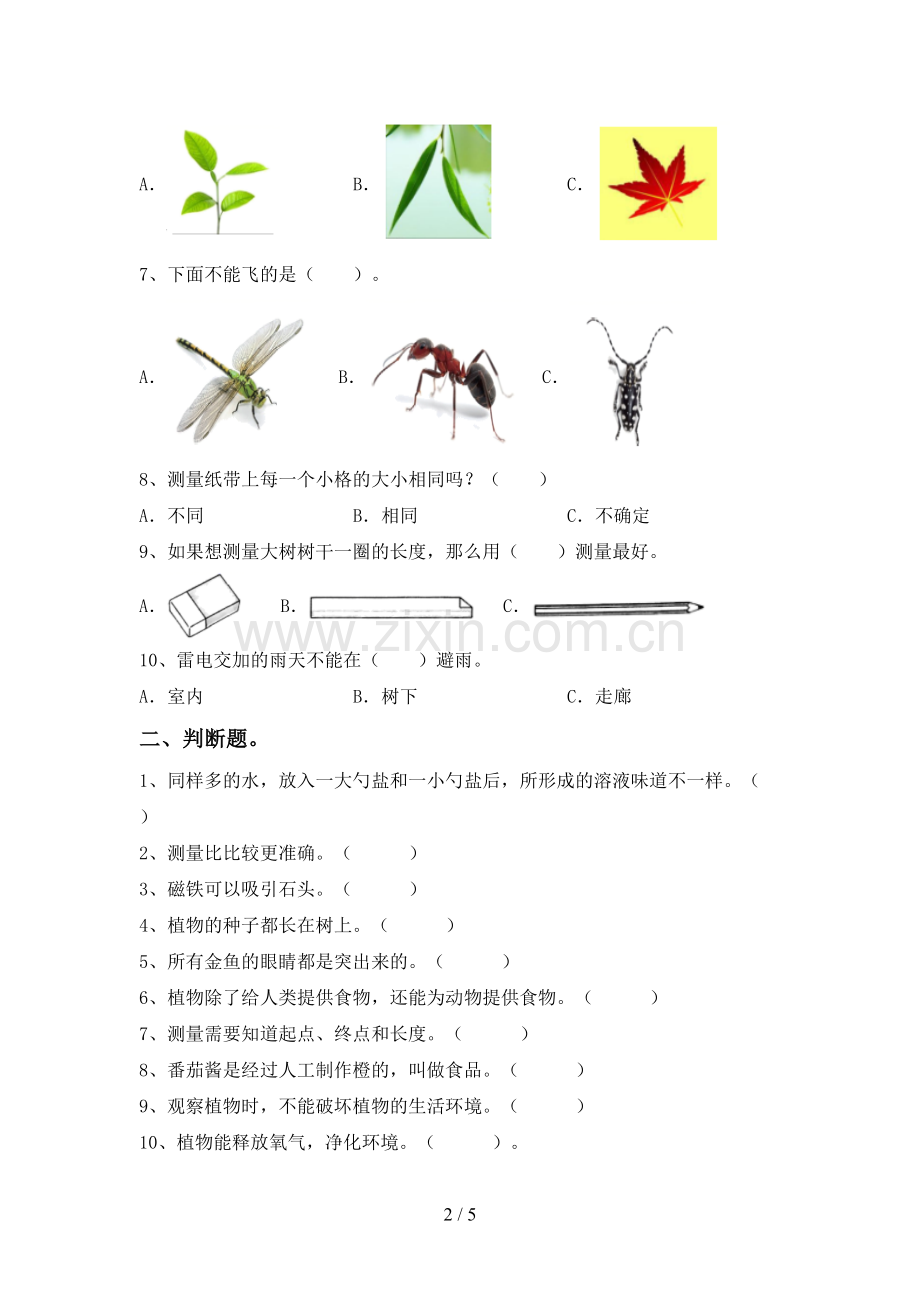 2022-2023年教科版一年级科学下册期中测试卷(及答案).doc_第2页