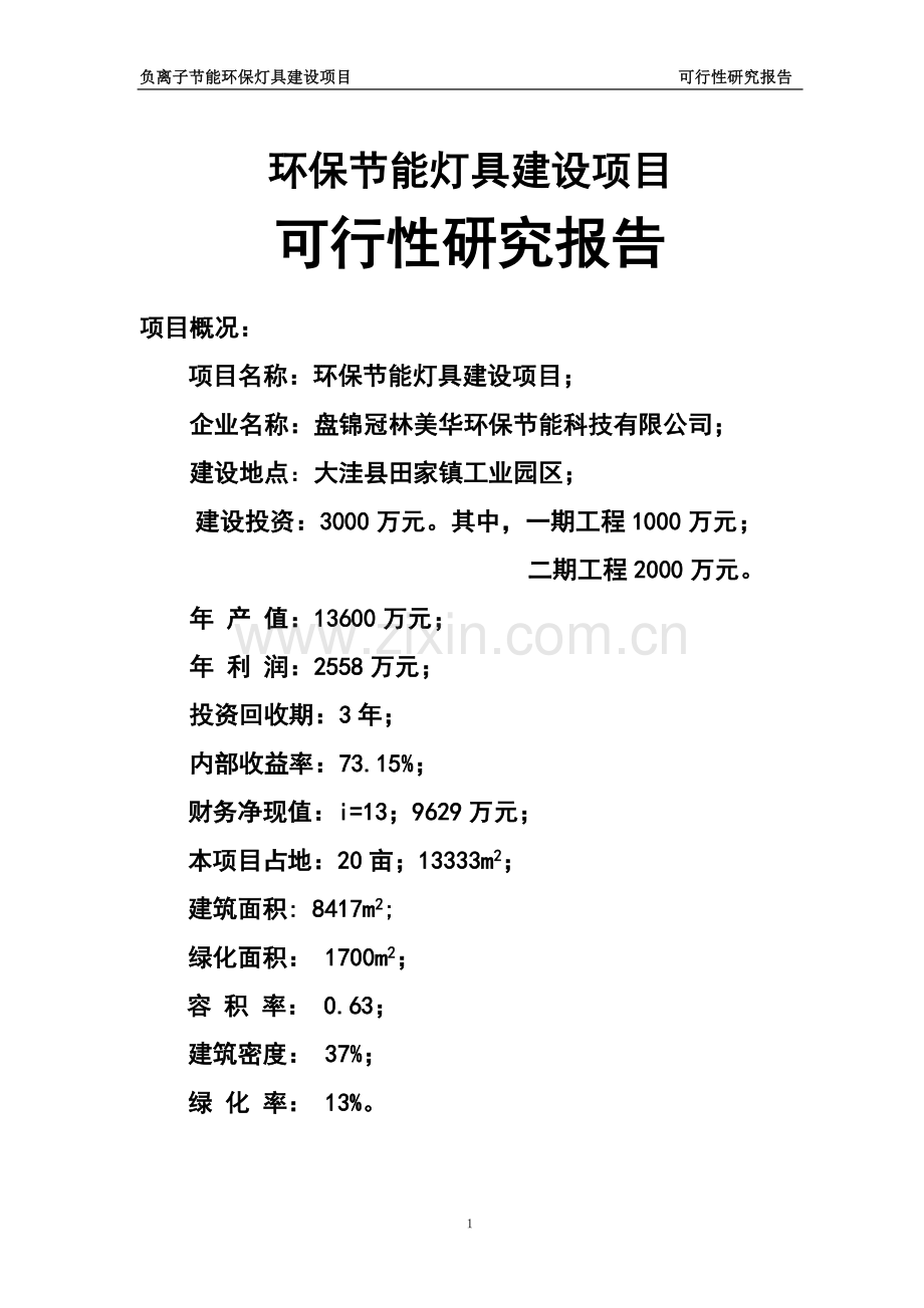 田家镇负离子环保节能灯具项目可行性分析报告.doc_第1页