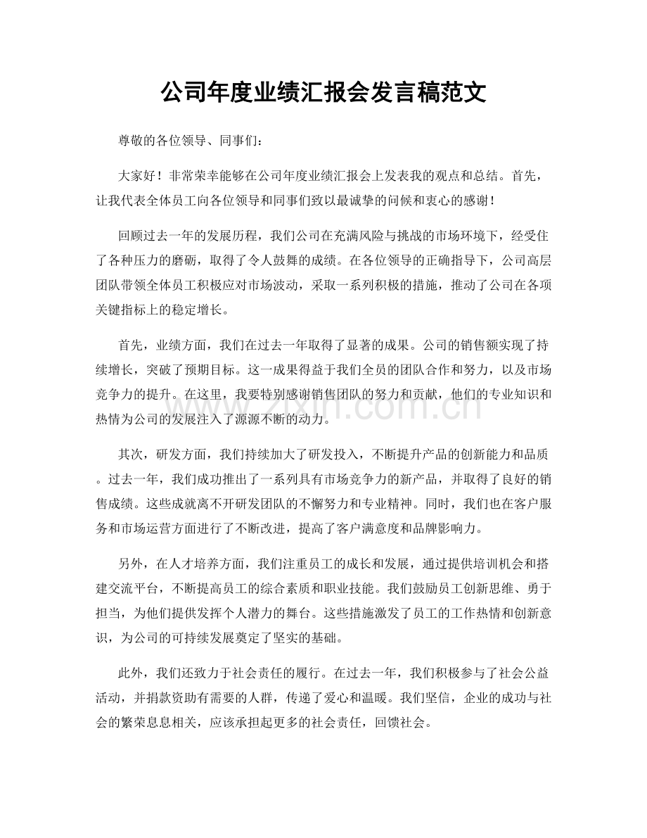 公司年度业绩汇报会发言稿范文.docx_第1页