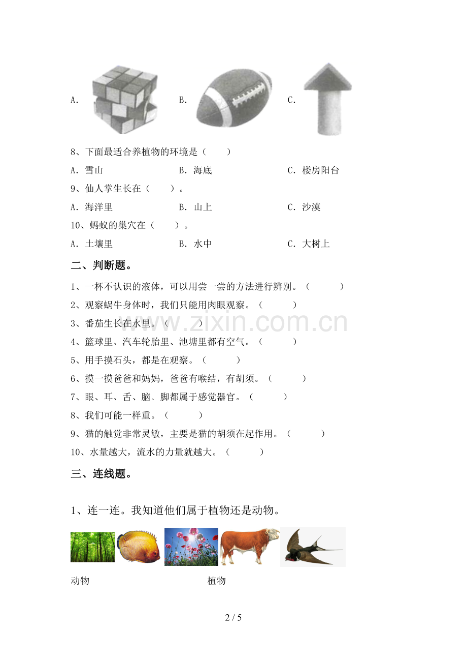 2022-2023年人教版一年级科学下册期中试卷(带答案).doc_第2页