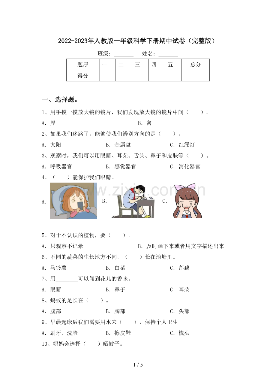 2022-2023年人教版一年级科学下册期中试卷.doc_第1页