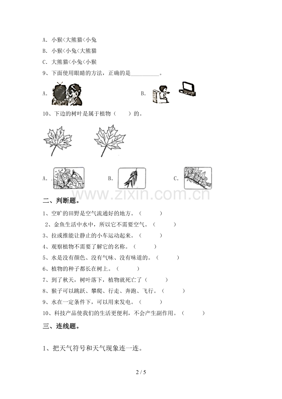 新人教版一年级科学下册期中考试卷(可打印).doc_第2页