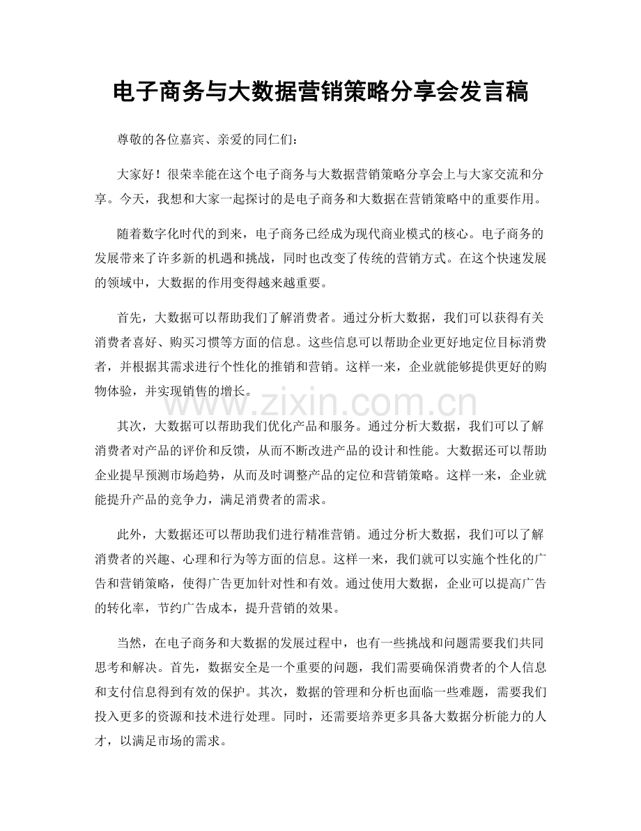 电子商务与大数据营销策略分享会发言稿.docx_第1页