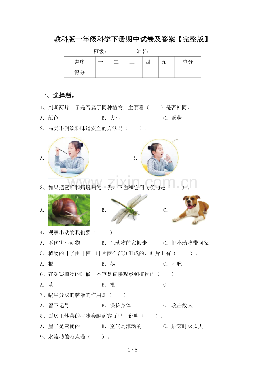 教科版一年级科学下册期中试卷及答案.doc_第1页