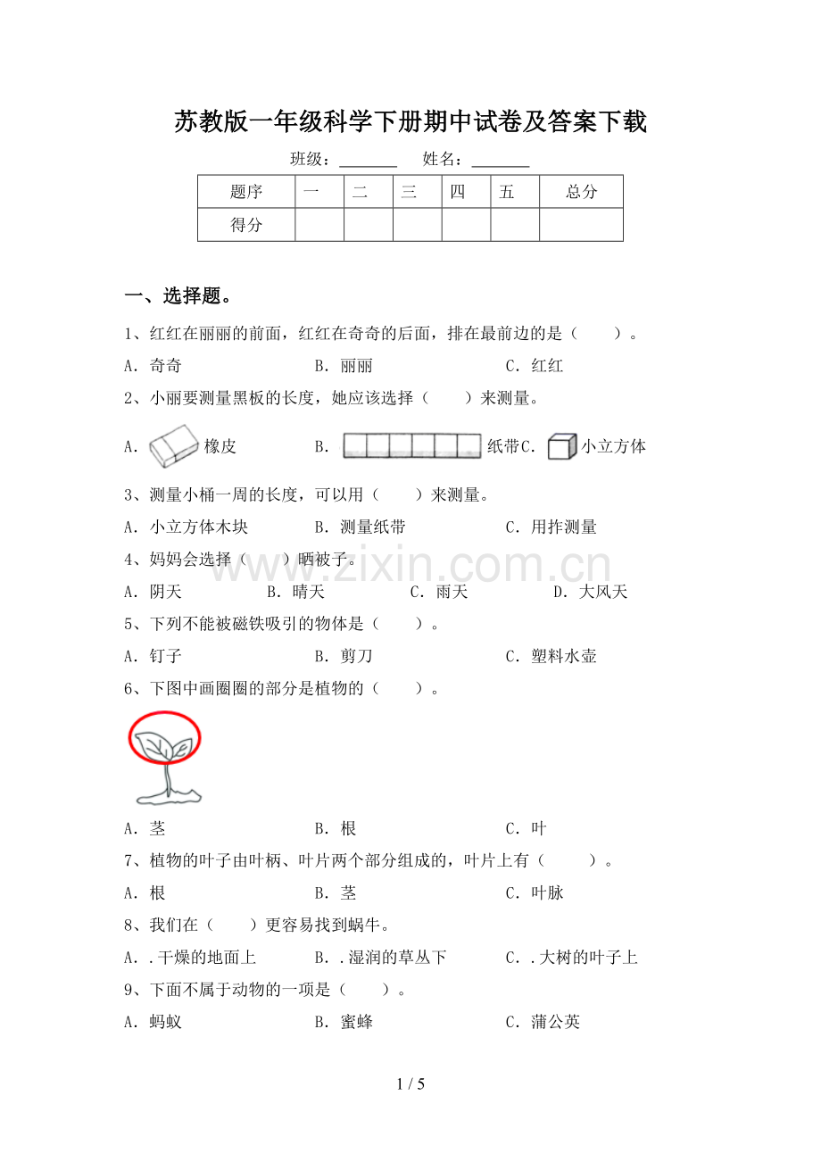 苏教版一年级科学下册期中试卷及答案下载.doc_第1页