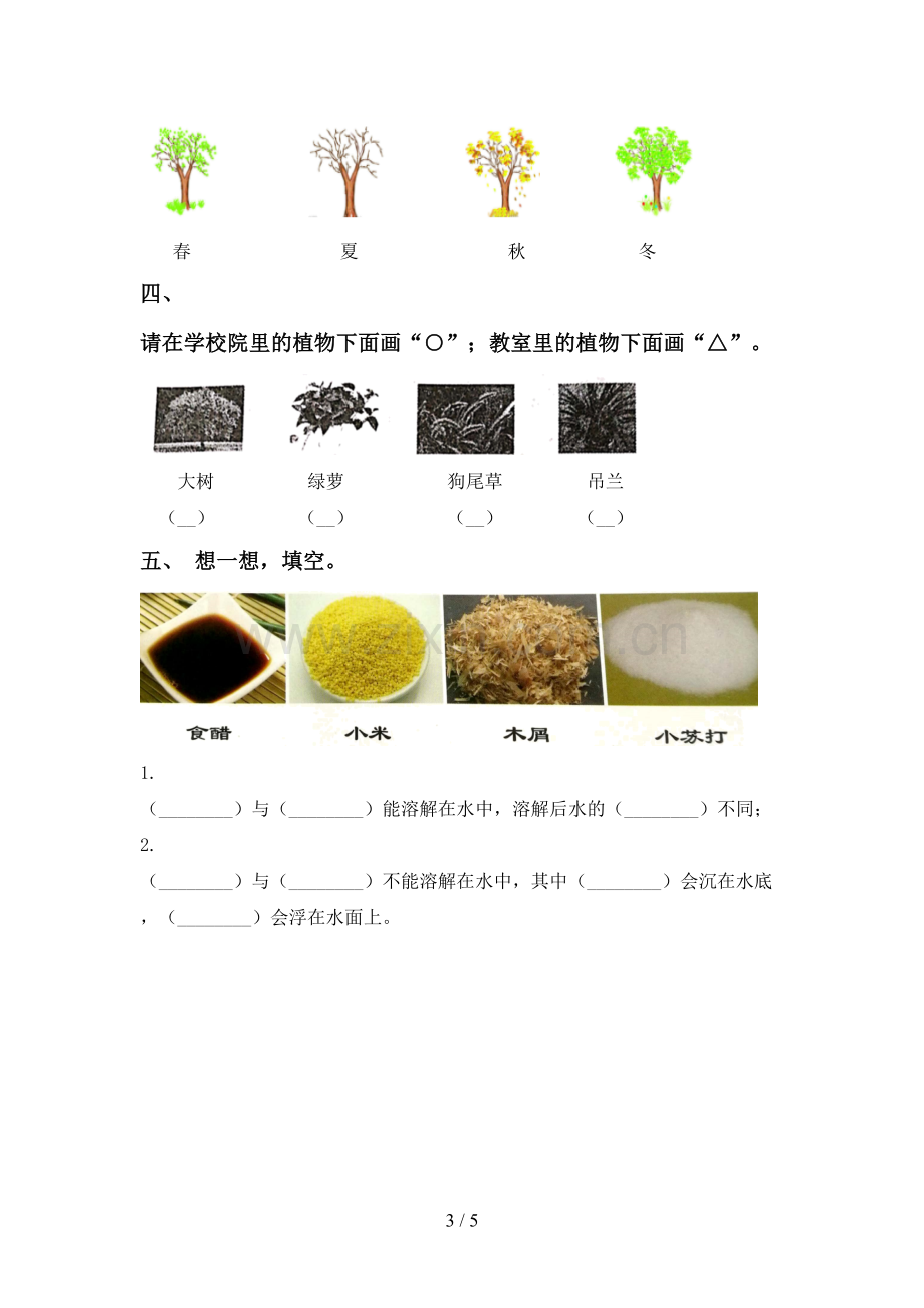 2022-2023年教科版一年级科学下册期中测试卷及答案.doc_第3页