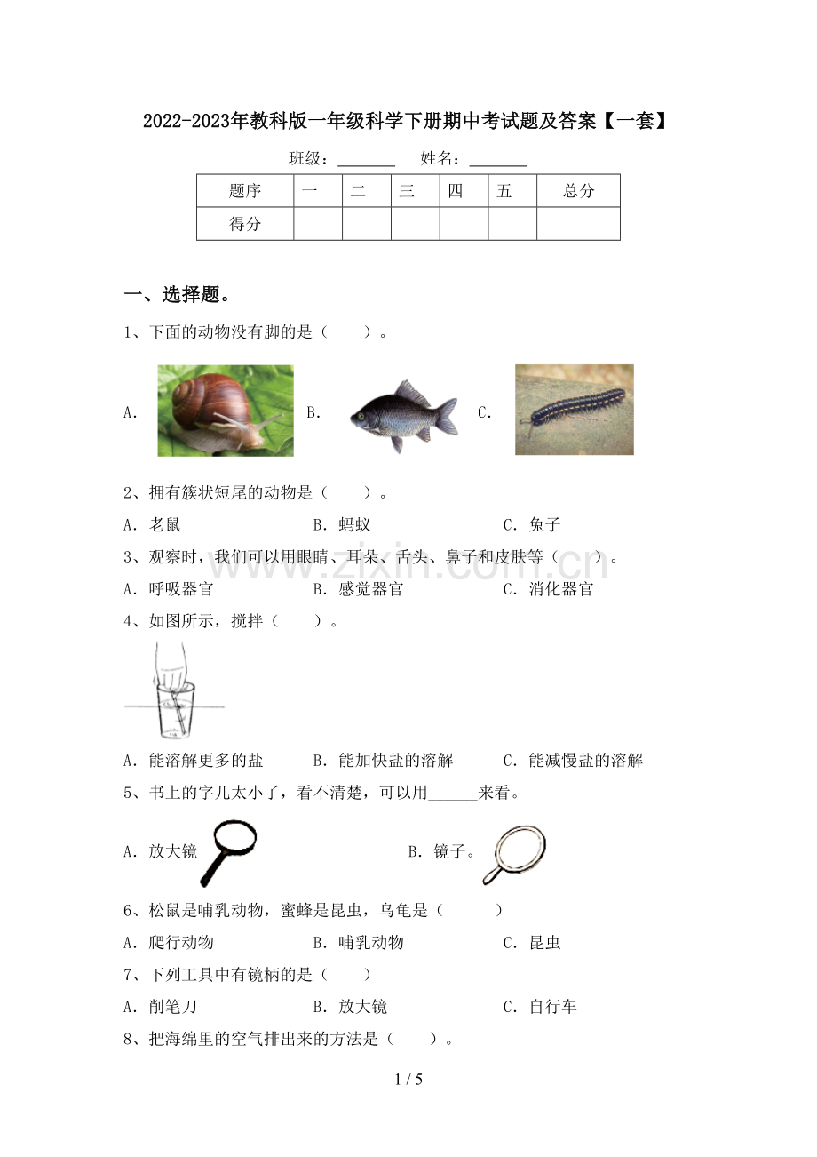 2022-2023年教科版一年级科学下册期中考试题及答案【一套】.doc_第1页