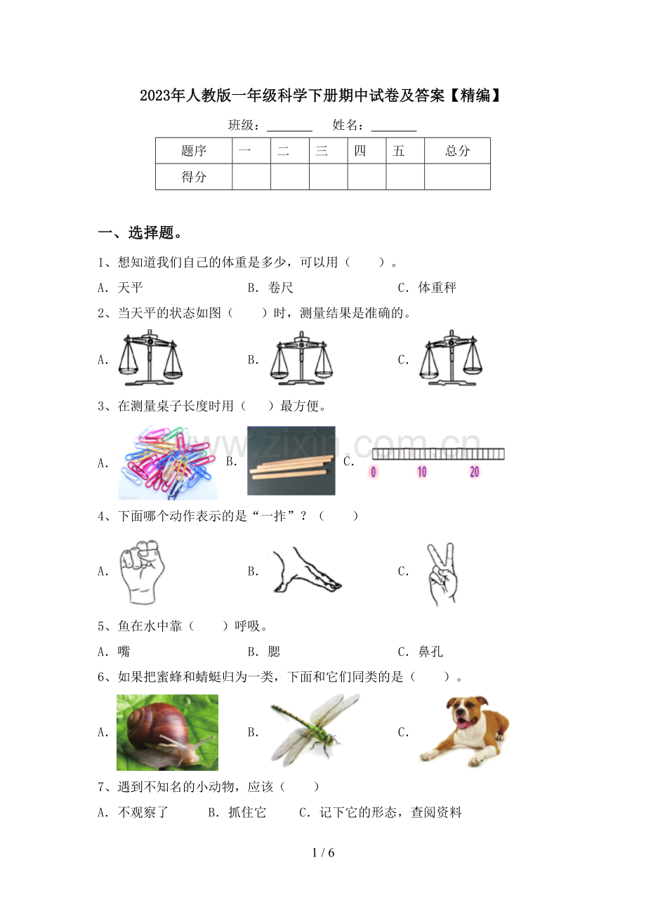 2023年人教版一年级科学下册期中试卷及答案.doc_第1页