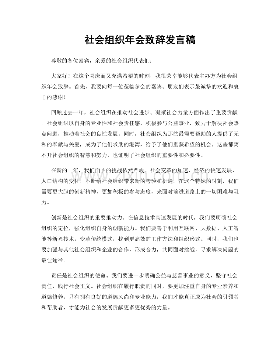 社会组织年会致辞发言稿.docx_第1页