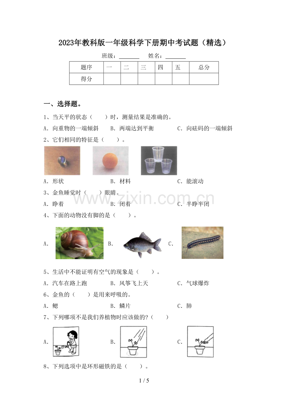 2023年教科版一年级科学下册期中考试题.doc_第1页