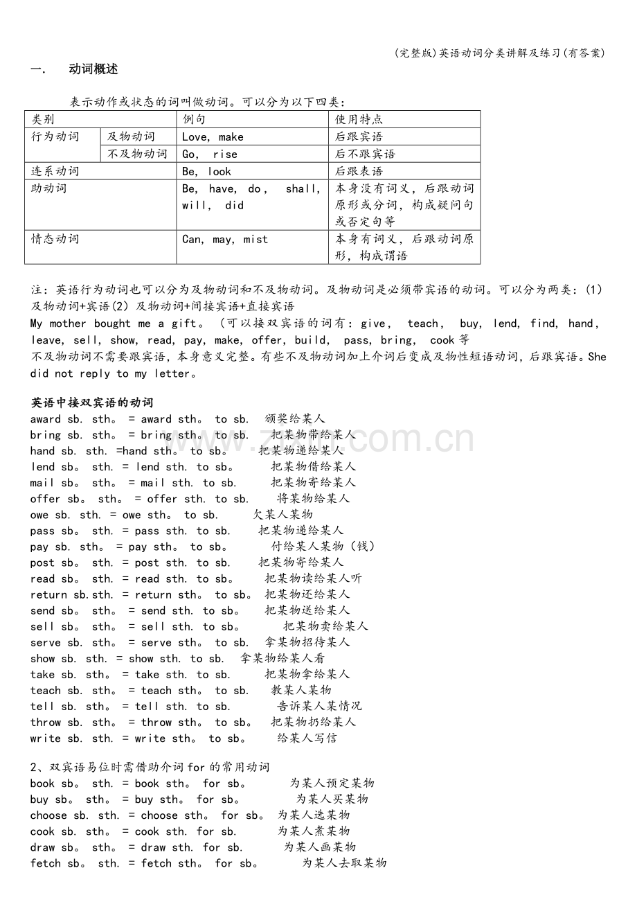 英语动词分类讲解及练习(有答案).doc_第1页