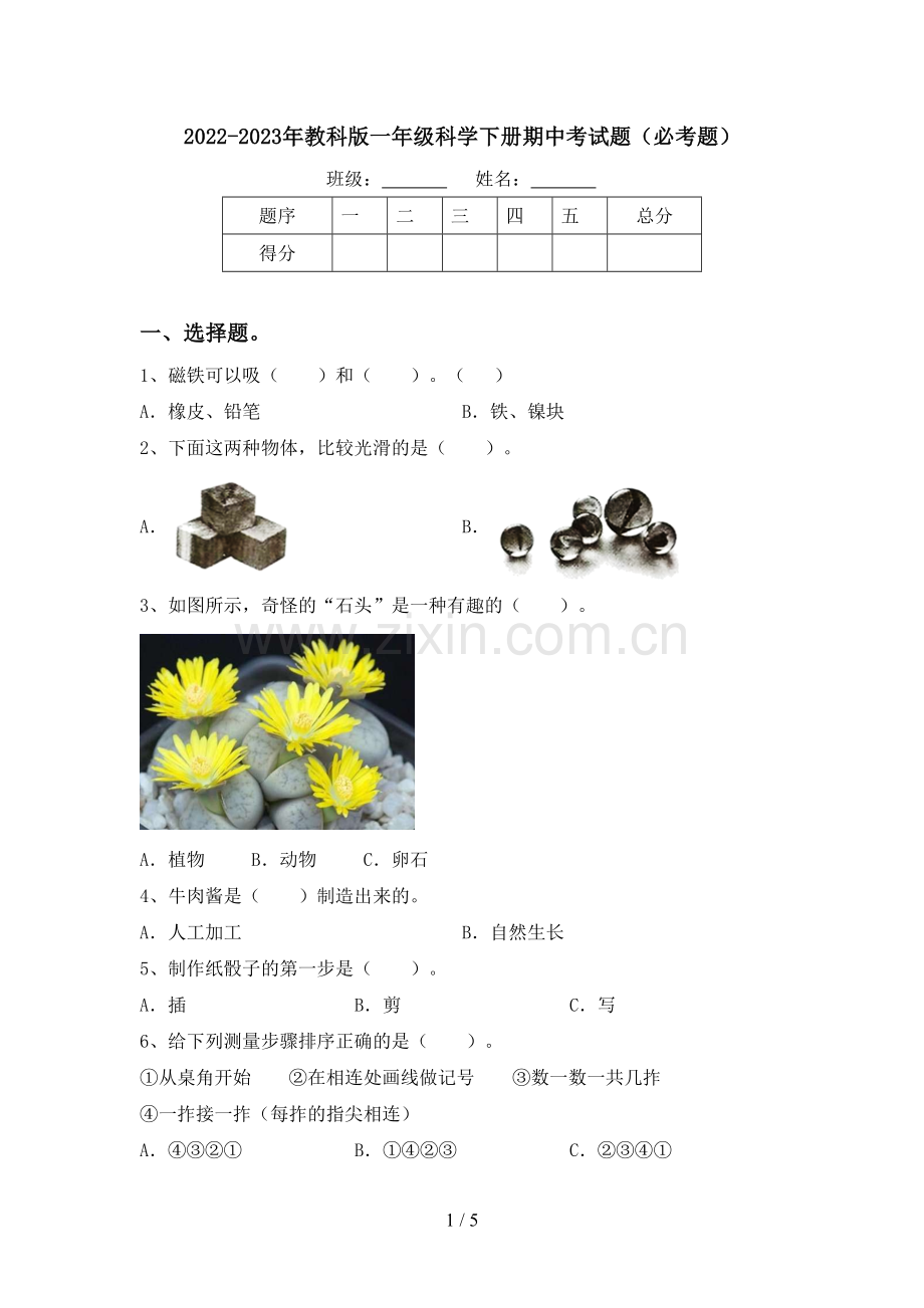 2022-2023年教科版一年级科学下册期中考试题(必考题).doc_第1页