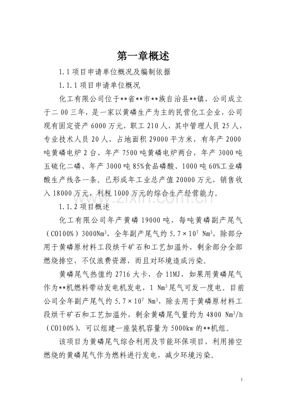 某化工企业利用黄磷尾气发电项目可行性分析报告书.doc_第1页