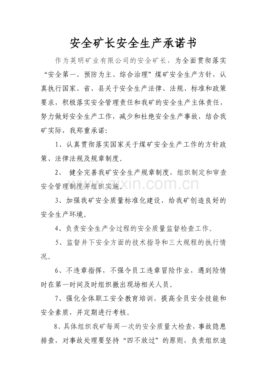 煤矿副矿长及矿管理人员安全生产承诺书.doc_第1页