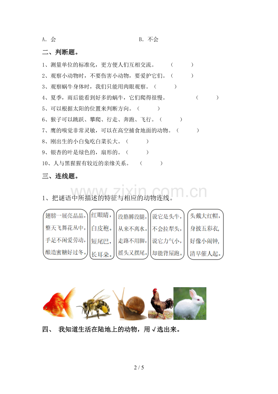 一年级科学下册期中试卷(A4打印版).doc_第2页