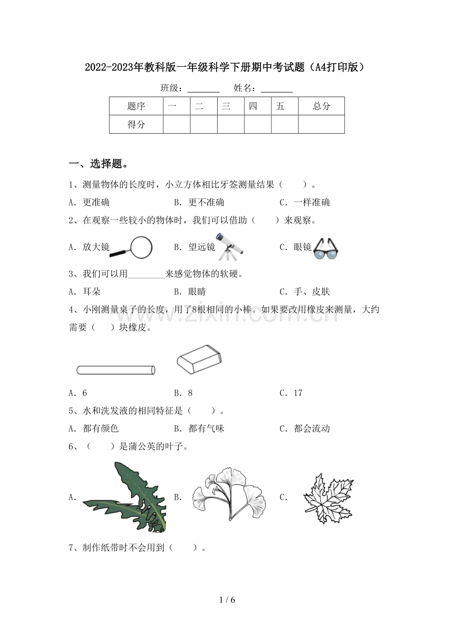 2022-2023年教科版一年级科学下册期中考试题(A4打印版).doc_第1页