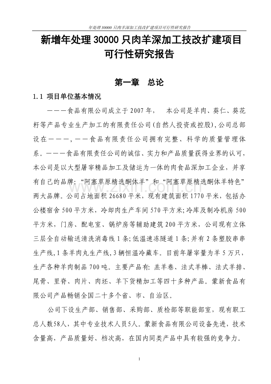 年处理30000只肉羊深加工技改扩建项目可行性分析报告.doc_第1页