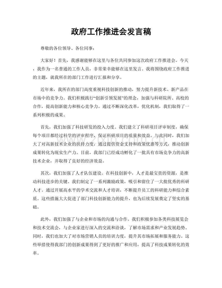 政府工作推进会发言稿.docx_第1页