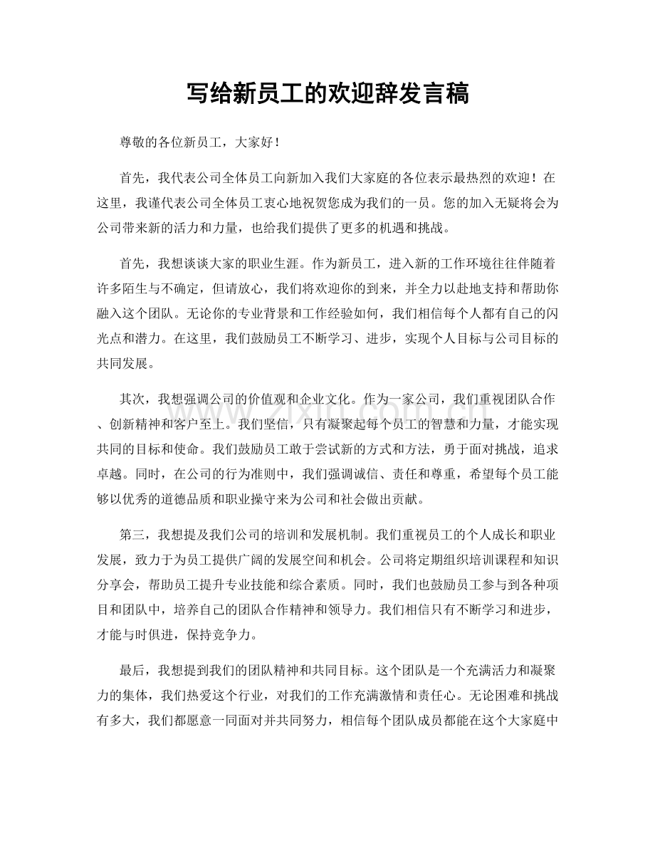 写给新员工的欢迎辞发言稿.docx_第1页