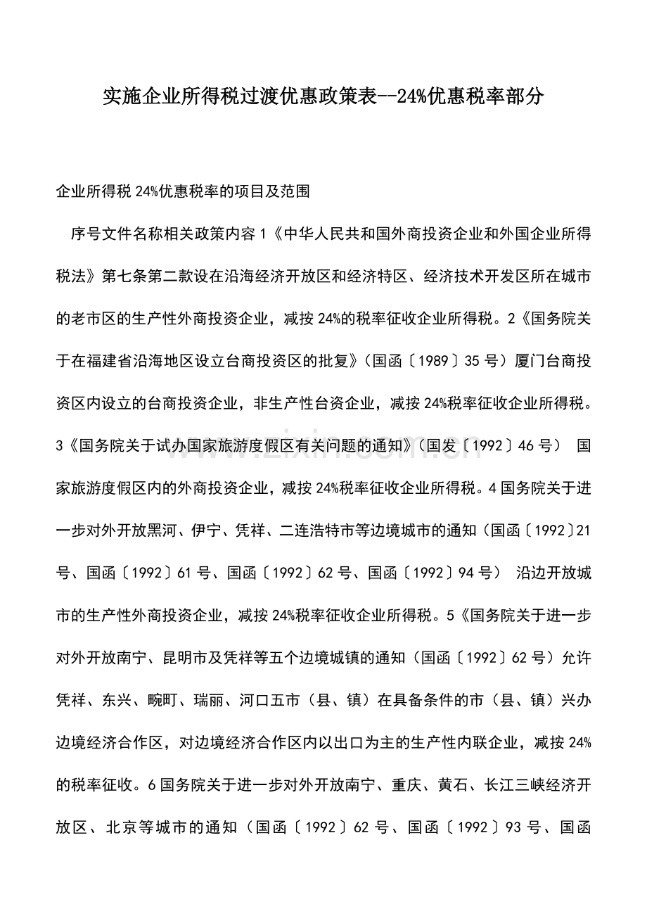 会计实务：实施企业所得税过渡优惠政策表--24%优惠税率部分.doc_第1页