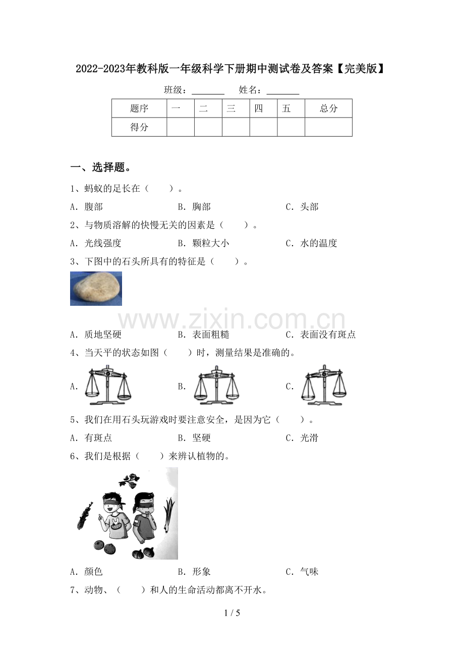 2022-2023年教科版一年级科学下册期中测试卷及答案.doc_第1页