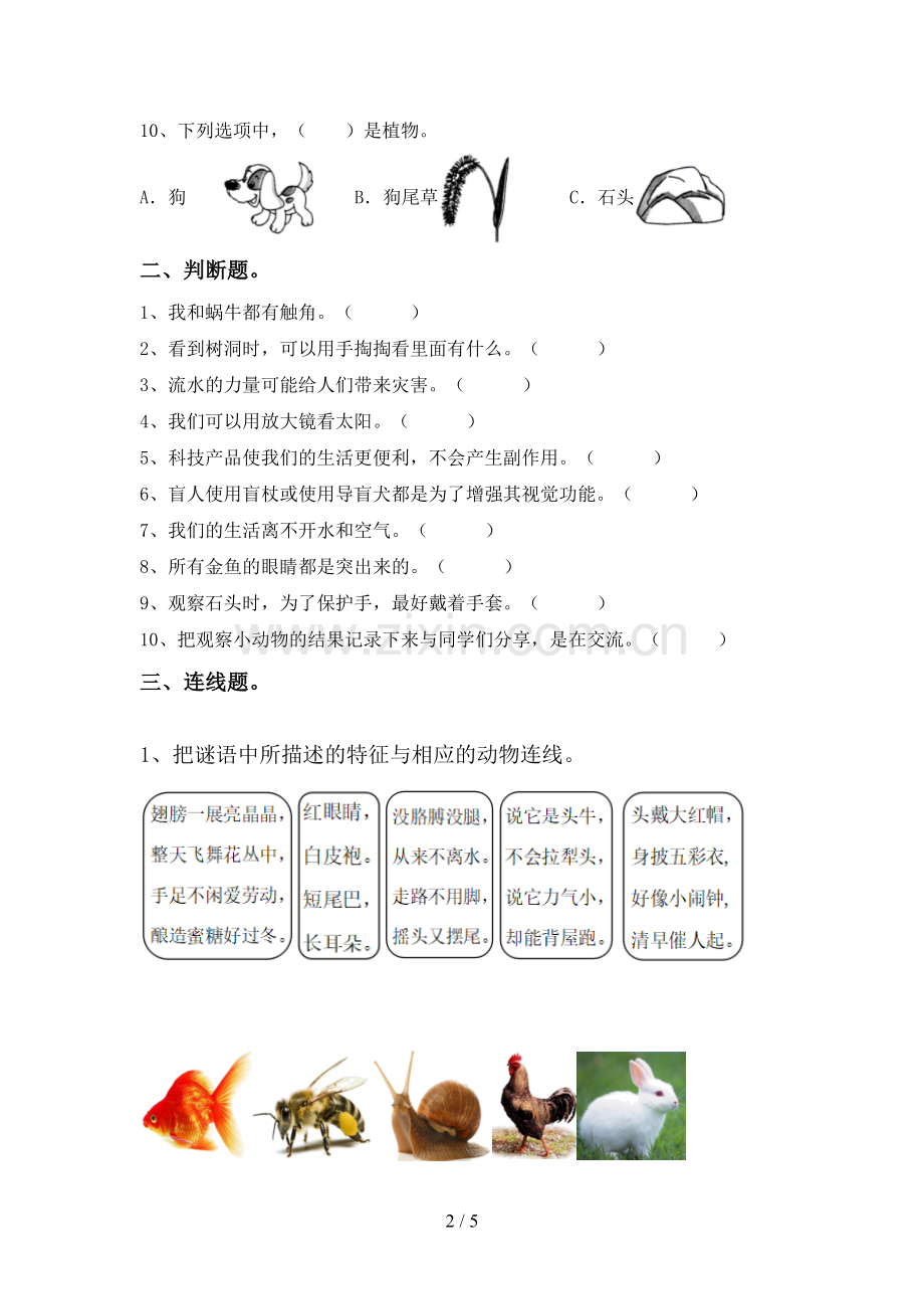 2022-2023年人教版一年级科学下册期中考试卷(可打印).doc_第2页