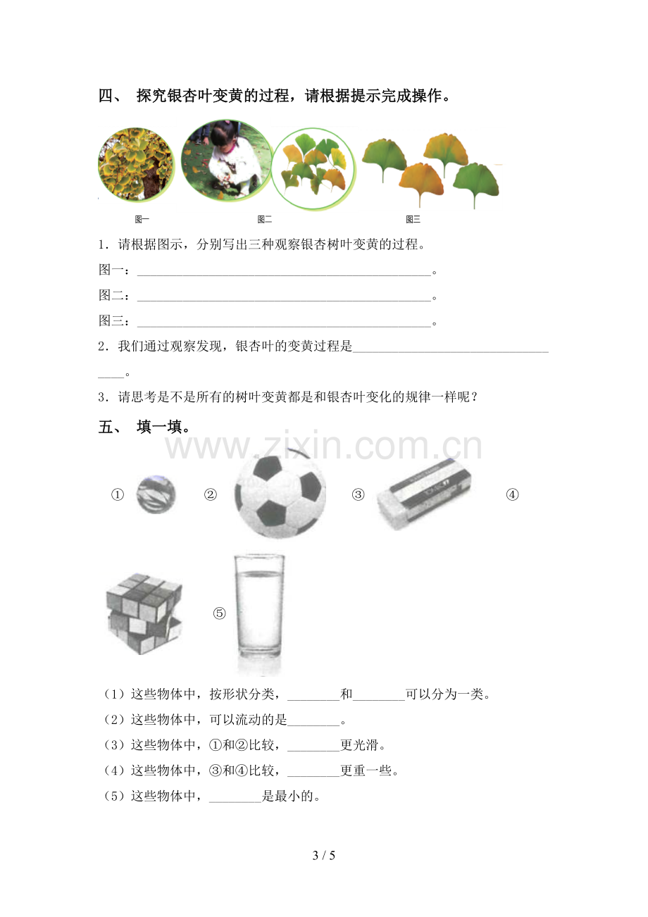 2022-2023年人教版一年级科学下册期中考试卷(可打印).doc_第3页