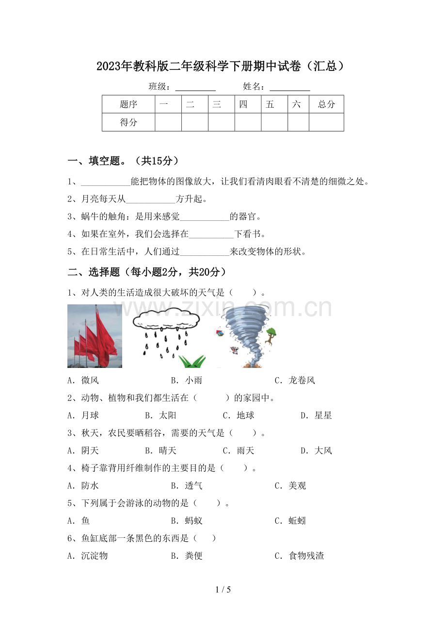 2023年教科版二年级科学下册期中试卷(汇总).doc_第1页