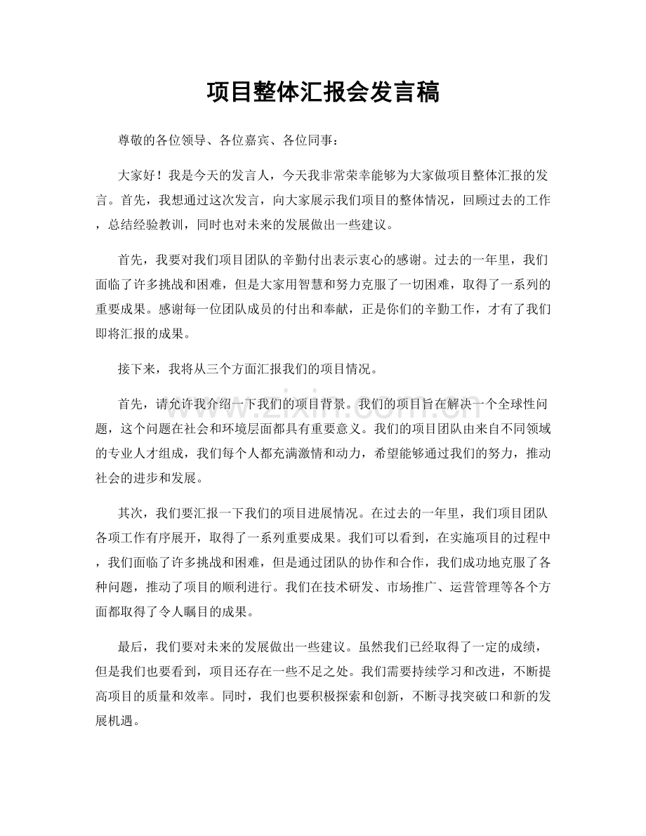 项目整体汇报会发言稿.docx_第1页