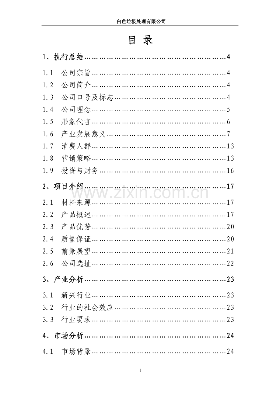 成立白色垃圾处理有限公司商业可行性研究报告.doc_第1页