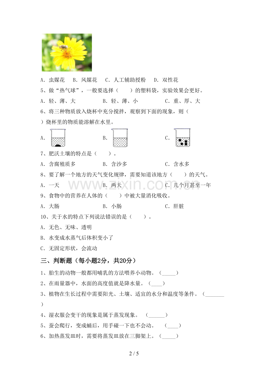 新人教版三年级科学下册期中考试题及完整答案.doc_第2页